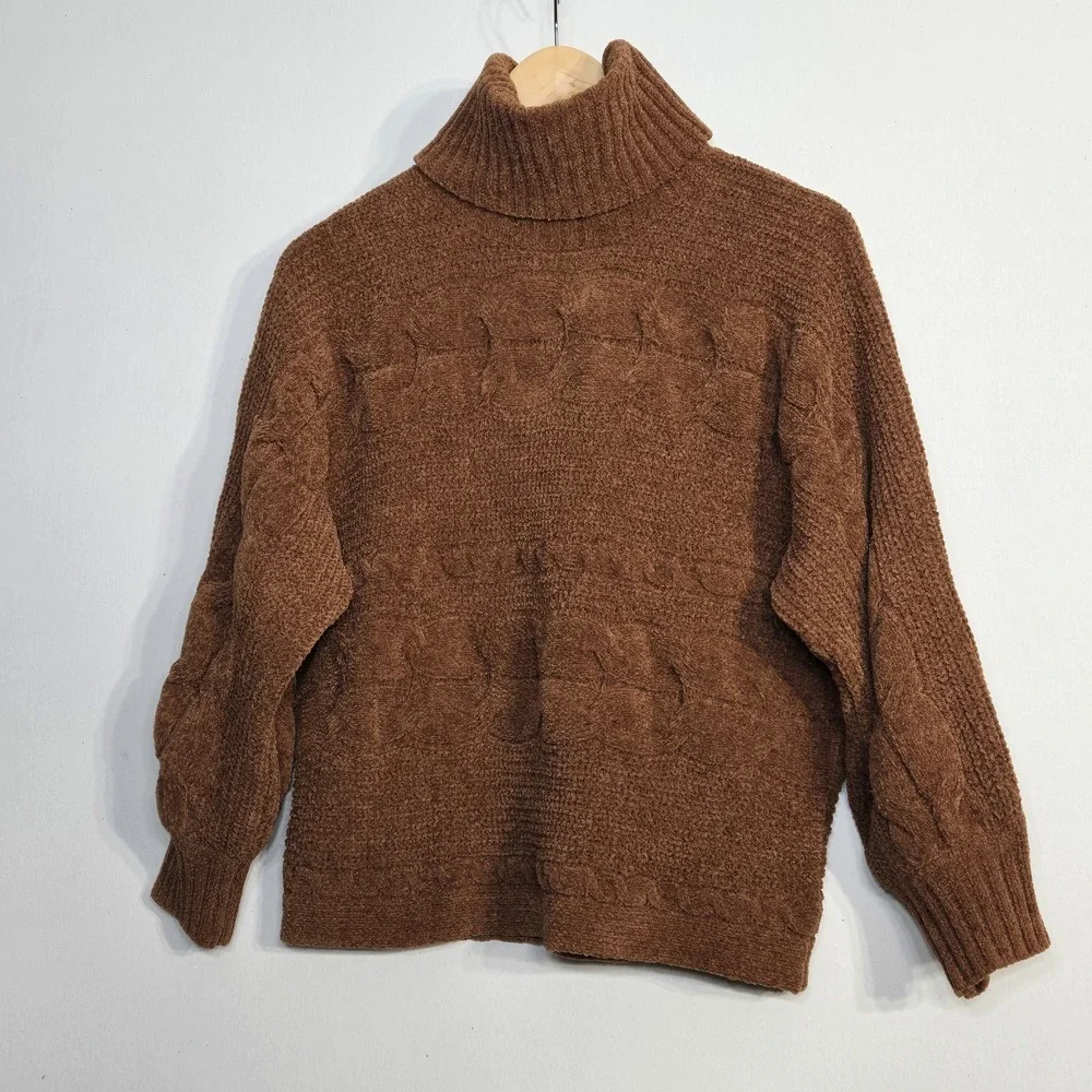 Olive & Oak Chunky Knit Turtleneck Sweater L Rust‎ Orange Textured Cozy Pullover
